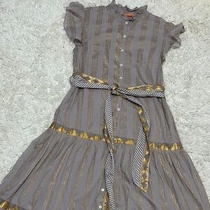 Oliphant size medium women’s dress beautiful striped tan & Gold  w/Belt metallic
